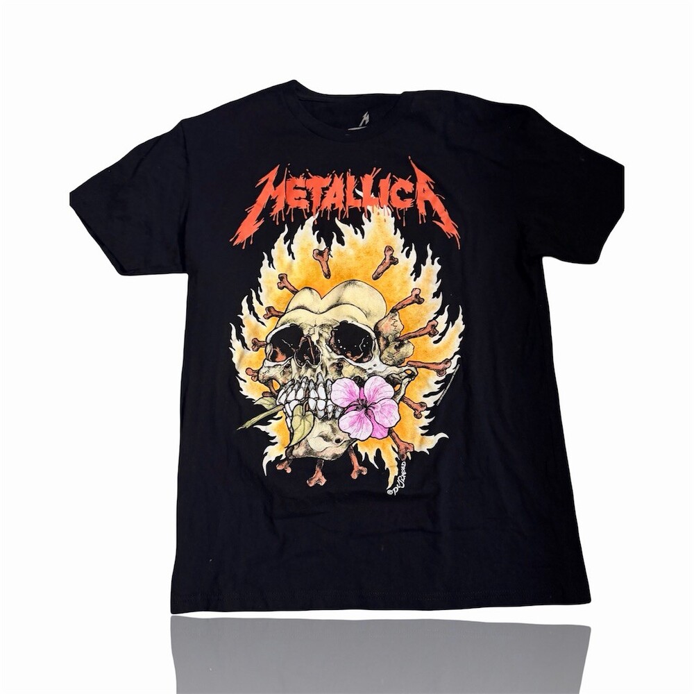 Metallica T-Shirt Mens M Black Pushead Flaming Skull & Flower Graphic